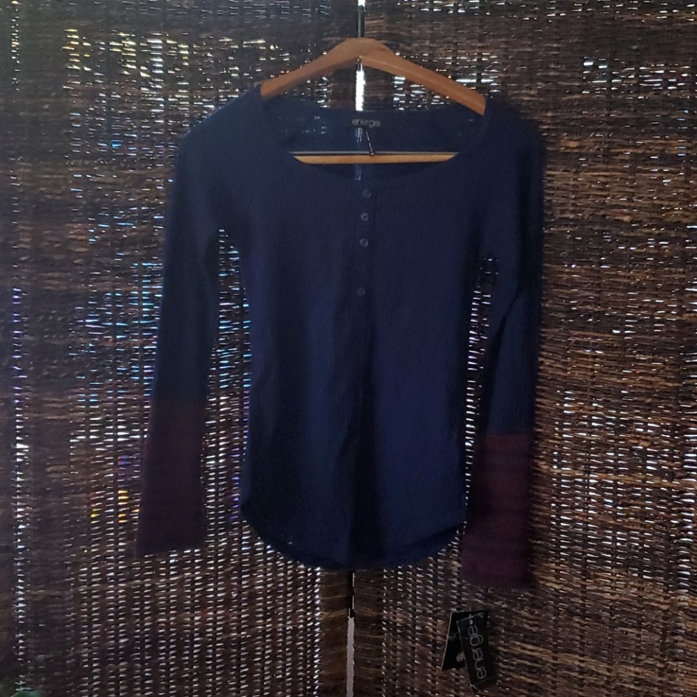 Energie Knit Cuff Sleeves Henley Style Thermal Top